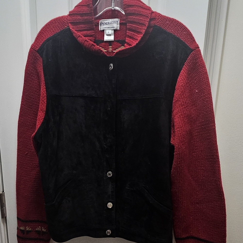 Pendleton Women's Black Suede and Red Pattern Wool Bomber Jacket